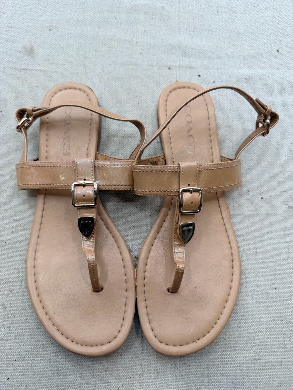 Coach Cassidy Nude/Tan Leather T-Strap Sandals with Buckle